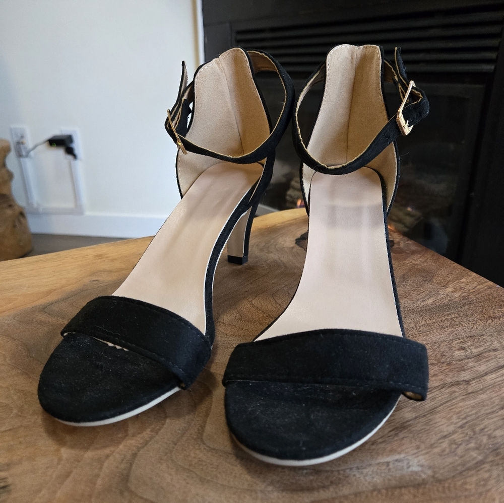 DONATED - Black Velvet Open Toe Sandals with 3" Heels and Adjustable Ankle Strap - Picture 11 of 11